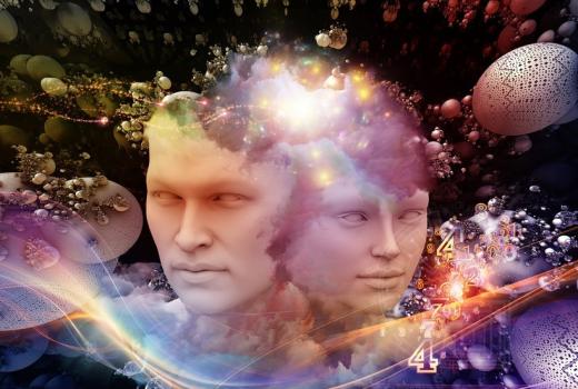 Volti astratti con sfere e numeri in un paesaggio onirico.